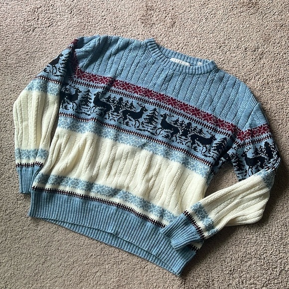 Vintage Sweaters - Vintage Nordic Deer Winter Printed Cable Knit Blue White Red Sweater Crewneck